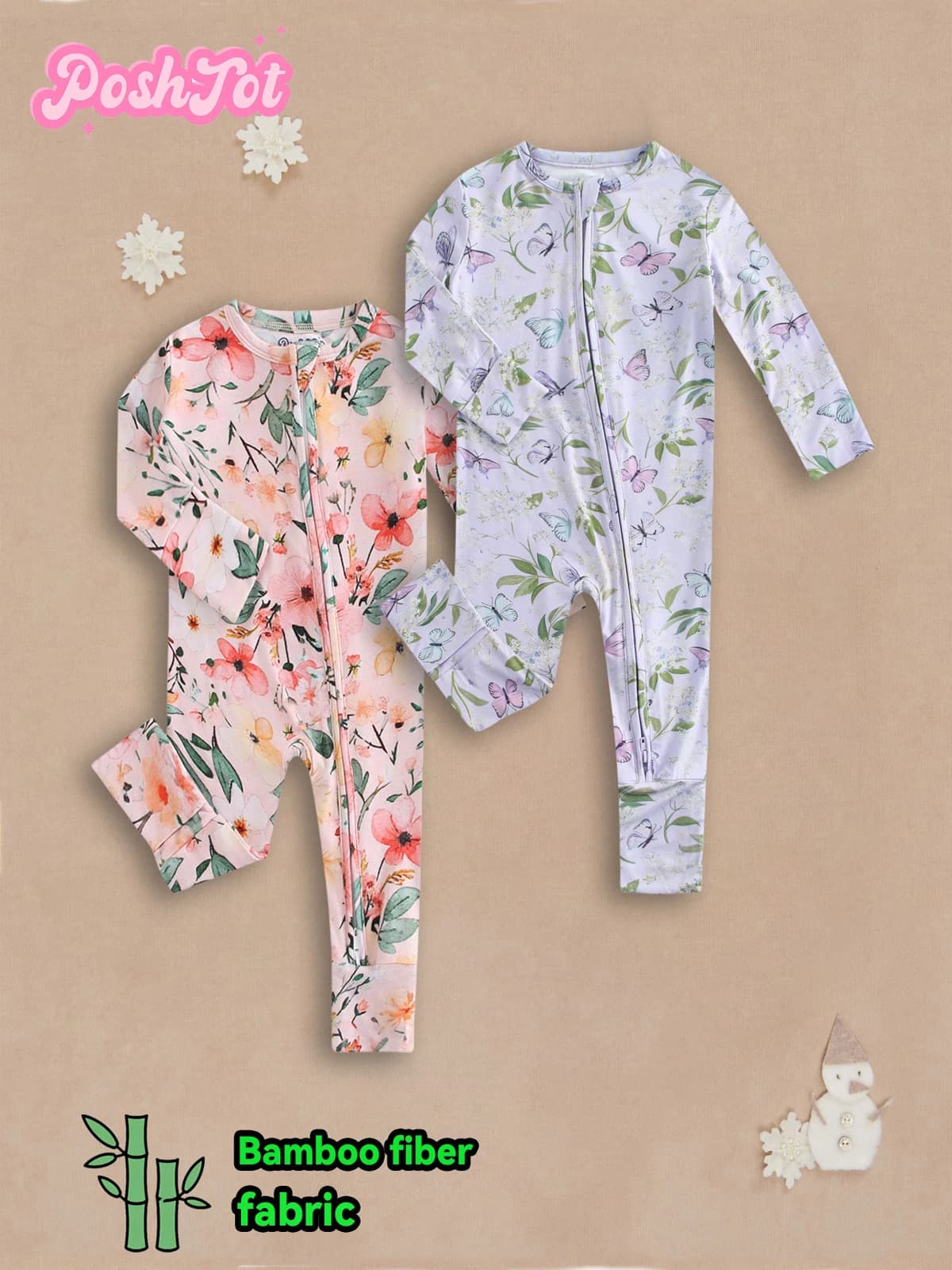 2pcs POSHTOT bamboo fiber long sleeves for baby. Baby pajamas two-way zipper 0-2 year old jumpsuit.Baby jumpsuit.