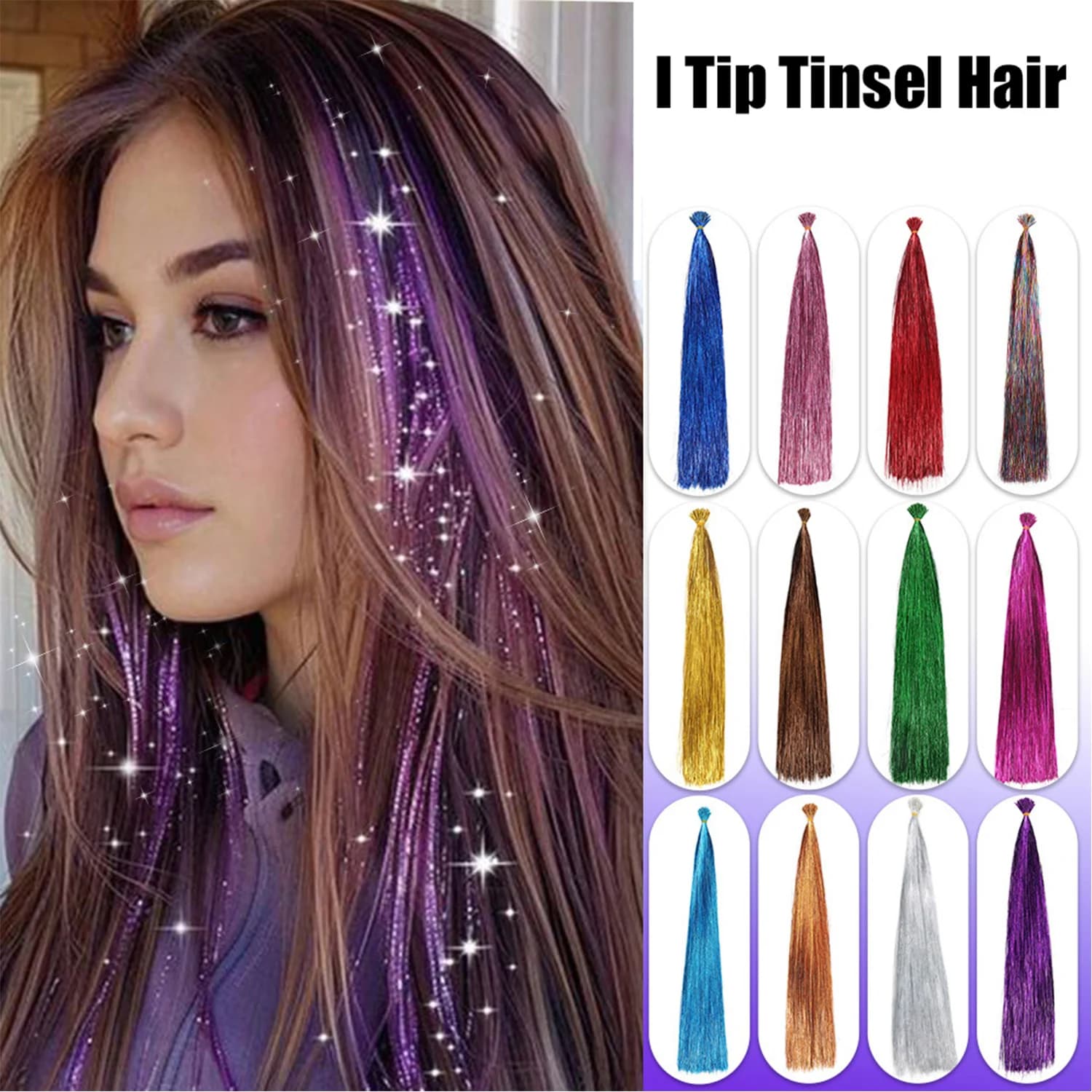 50pcs Synthetic I Tip Tinsel Hair Extensions Glitter Tinsel Hair Fairy Hairpieces Party Dazzle Hair Accessories For Women Girls