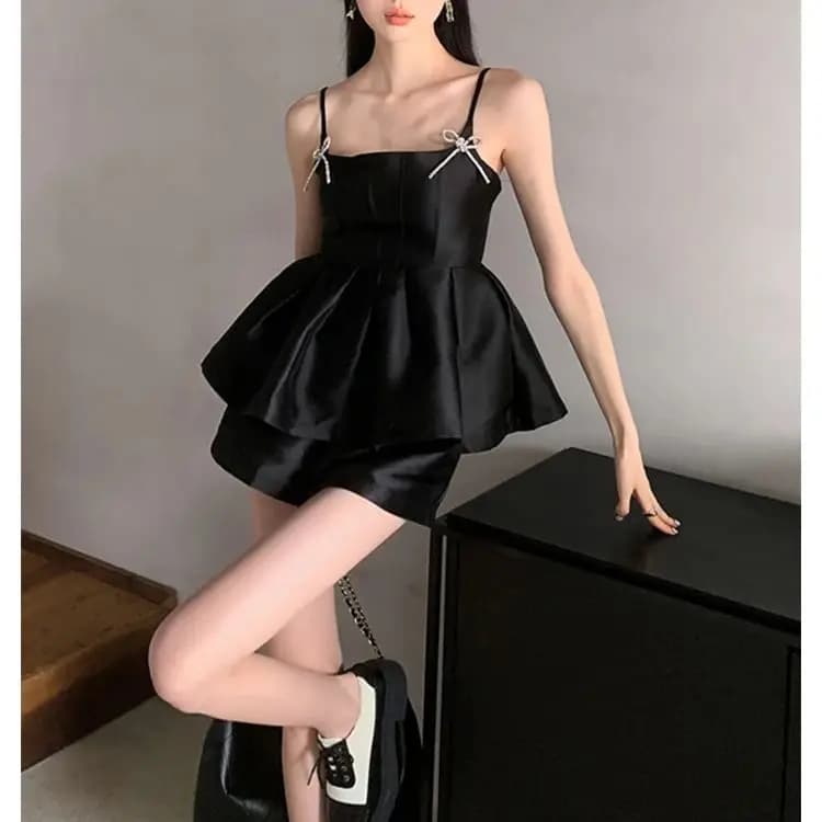 Women's Elegant Black Shorts Sets Vintage A-Line Shorts and Off Shoulder Crop Top Y2k Fashion Vintage 90s 2000s Gothic Clothes