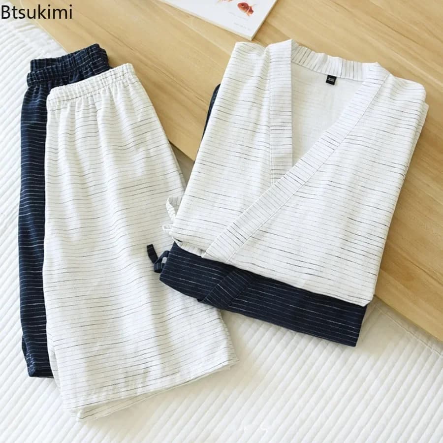 2025 Japanese Kimono Pajama Sets Men's Stripe Jacquard Loose 100% Cotton Short Sleeve Lace-up Tops+Shorts Home Sleepwear Outfits
