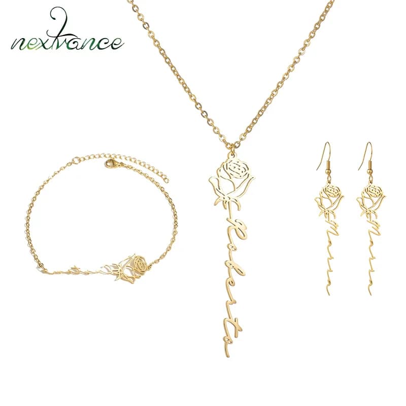 Nextvance Customized Birthday Flower Name Necklace Bracelet Earrings Set Stainless Steel Handwriting Signature For Women Gifts