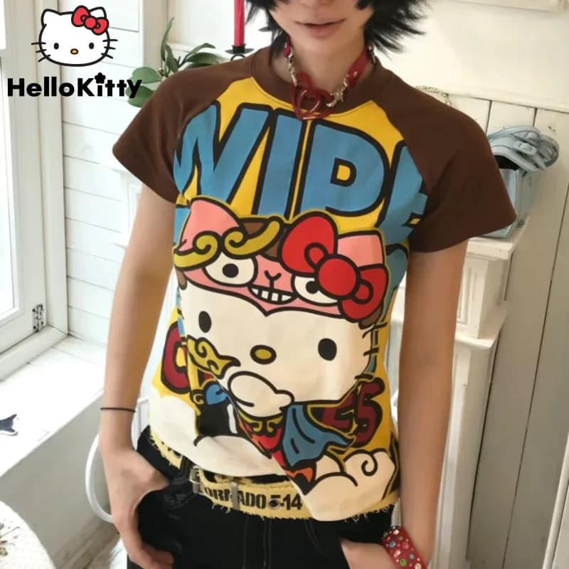 Sanrio Hello Kitty New Anime Fashion Short Tops Y2k Summer Cute Tees Cartoon Printed High Street Gothic Short Sleeve T-shirts
