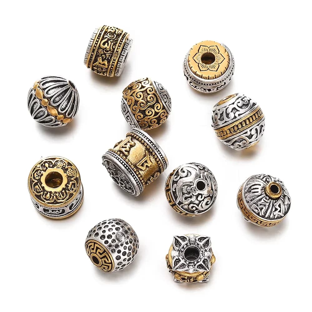 5pcs/lot Antique Silver Gold Color Round Tibetan Loose Bead Big Hole Spacer Beads for DIY Jewelry Making Charms Bracelet Finding