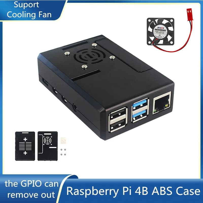 ABS Case for Raspberry Pi 4 Model B Black Transparent Plastic Shell Removable GPIO Cover with Cooling Fan for Raspberry Pi 4