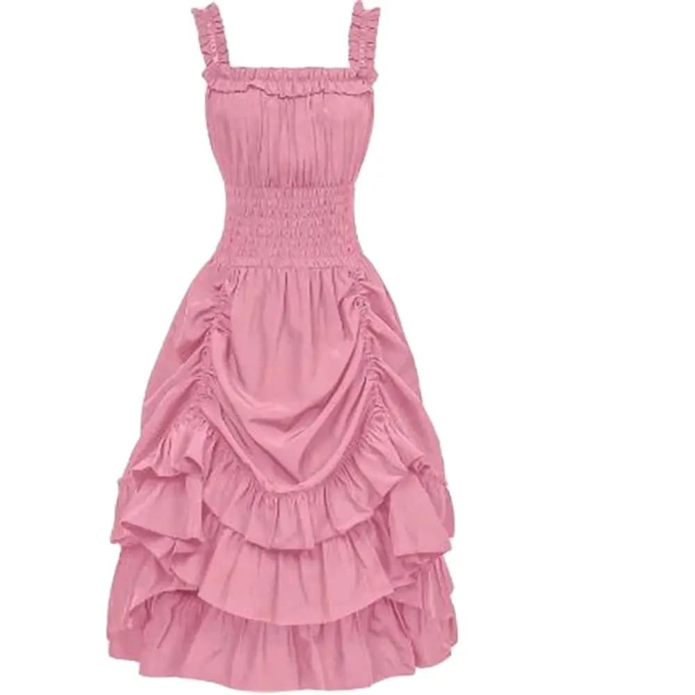 Women Square Neck Smocked Waist Dresses Gothic Steampunk Skirt Asymmetrical High Low Robe Renaissance Dress Gathered Dress