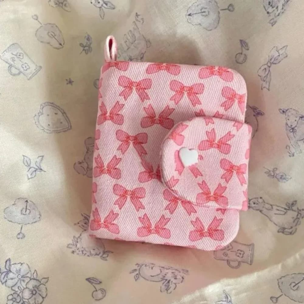 Linen Pink Bowknot Printing Wallet Cute Girls Earphone Storage Bag Coin Purses Money Change Pouch Kawaii Zipper Key Pouch