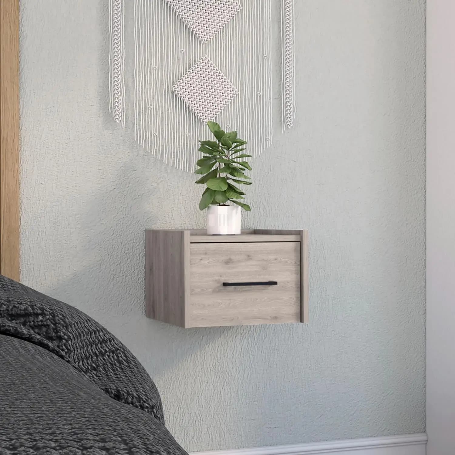 Boa Floating Nightstand, Wall-Mounted Single Drawer Design with Handle Light Grey