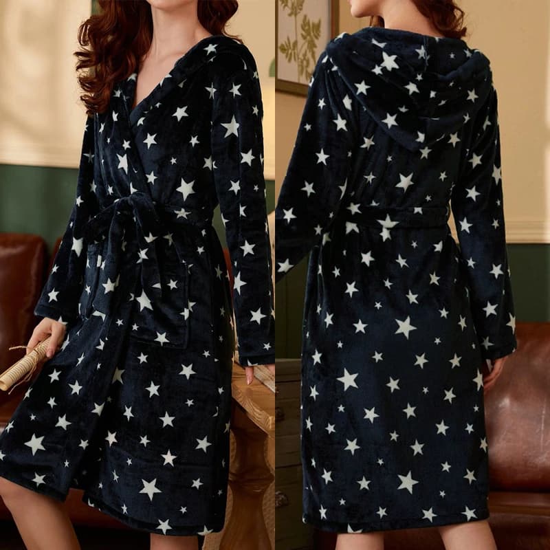 Star Printed Robe Fashion Hooded Bathrobe Kimono Gown Autumn Winter Flannel Nightgowns Intimate Lingerie Chemise Nightdress
