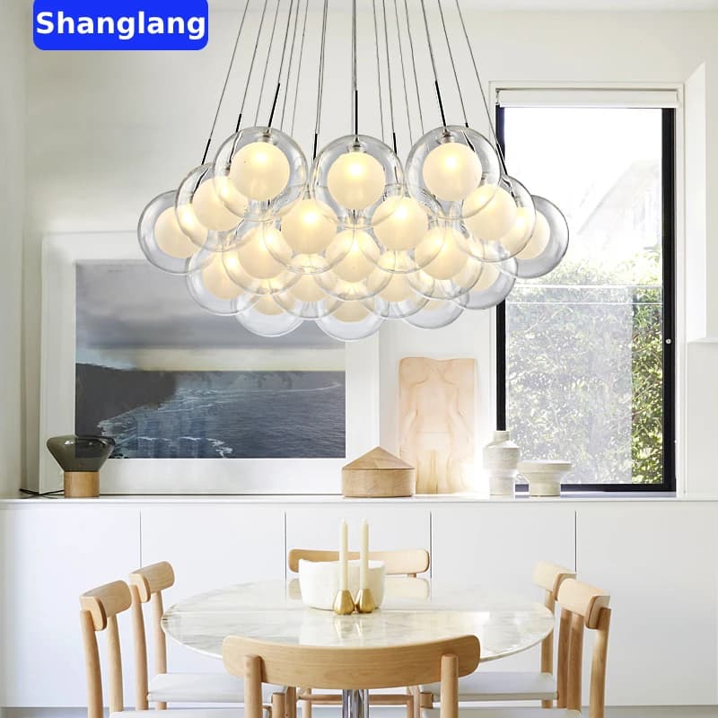 Modern Nordic LED Glass Ball Chandelier Living Room Dining Room Bedroom Hanging Lights Restaurant Model House Cafe Art Deco Lamp