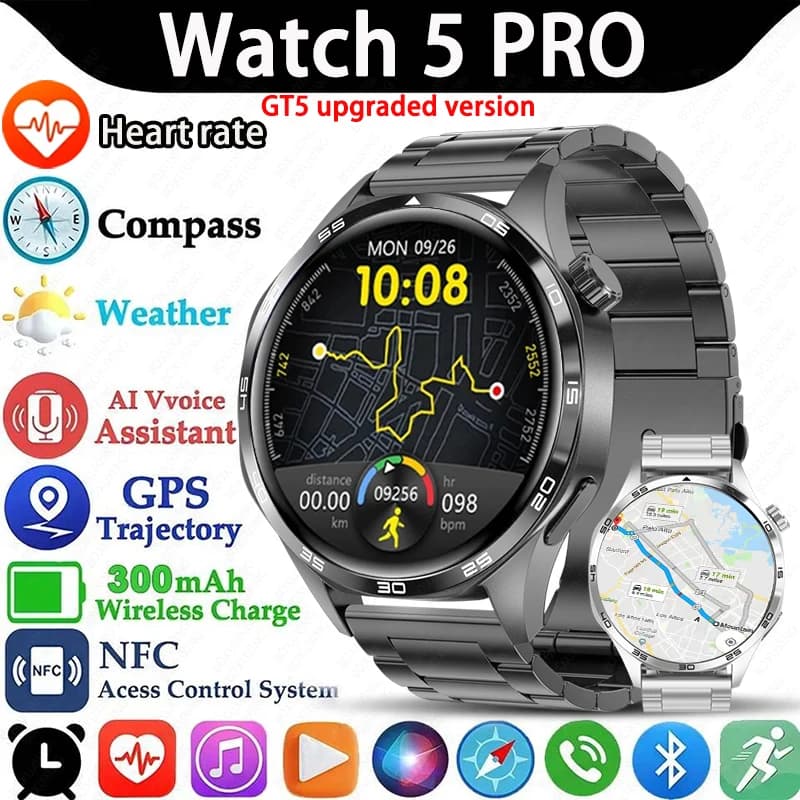 For HUAWEI 5 Pro GPS NFC Smart Watch Men 360*360 AMOLED Screen Heart rate Bluetooth Call IP68 Waterproof Man Smartwatch 2025 New