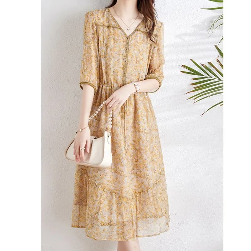 Women's Gentle Floral Silk Dress, Mulberry Silk Women's Clothing, Summer High-end Dress, Female Youthful Dress