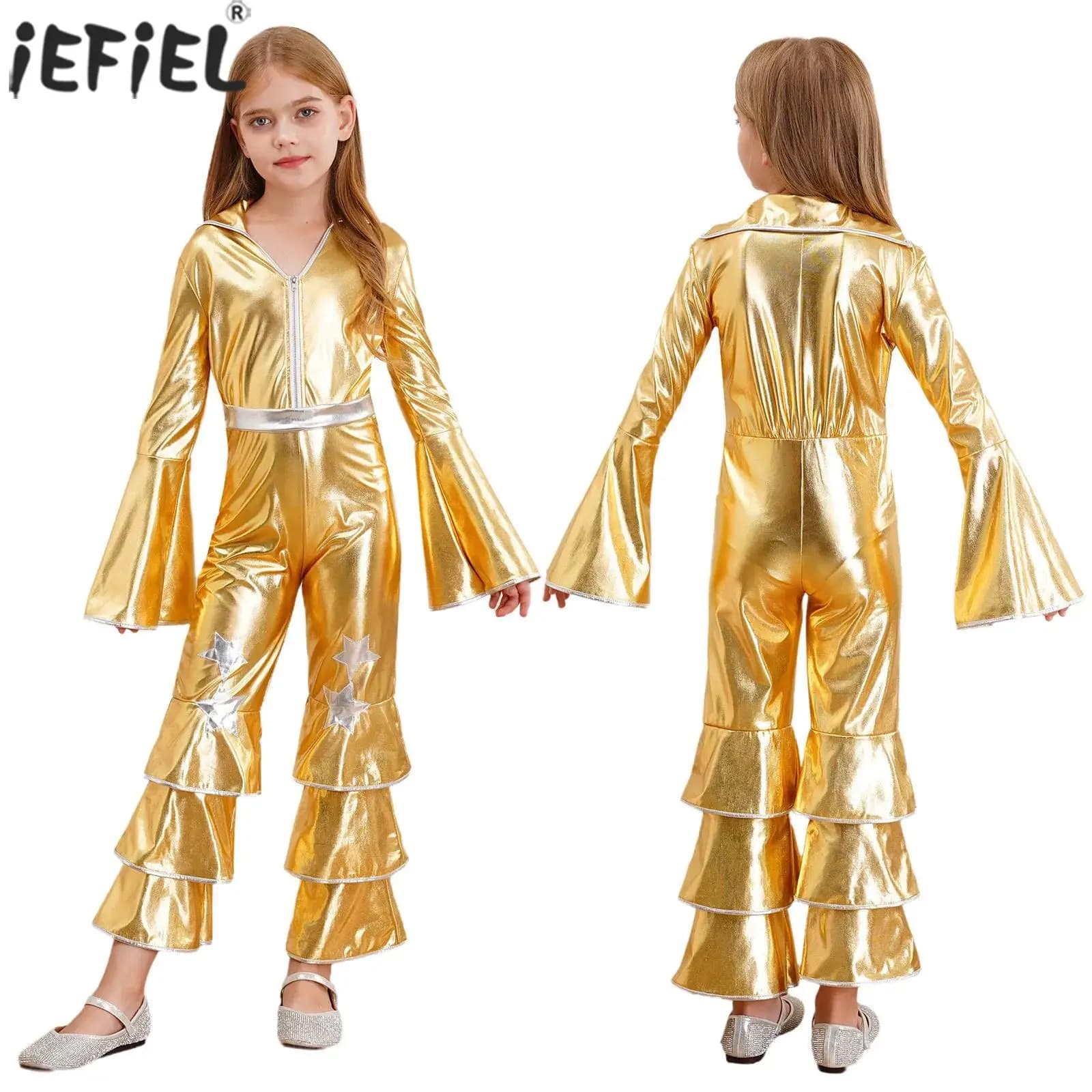 Kids Girls 70s Disco Dance Vintage Jumpsuit Metallic Shiny Flare Sleeve Ruffle Bell Bottom for Halloween Theme Party Cosplay