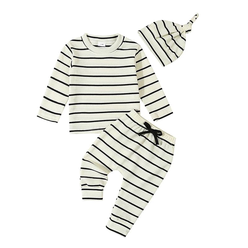 Baby Fall Outfits Stripe Print Long Sleeve Sweatshirt with Long Pants and Hat 3Pcs Set