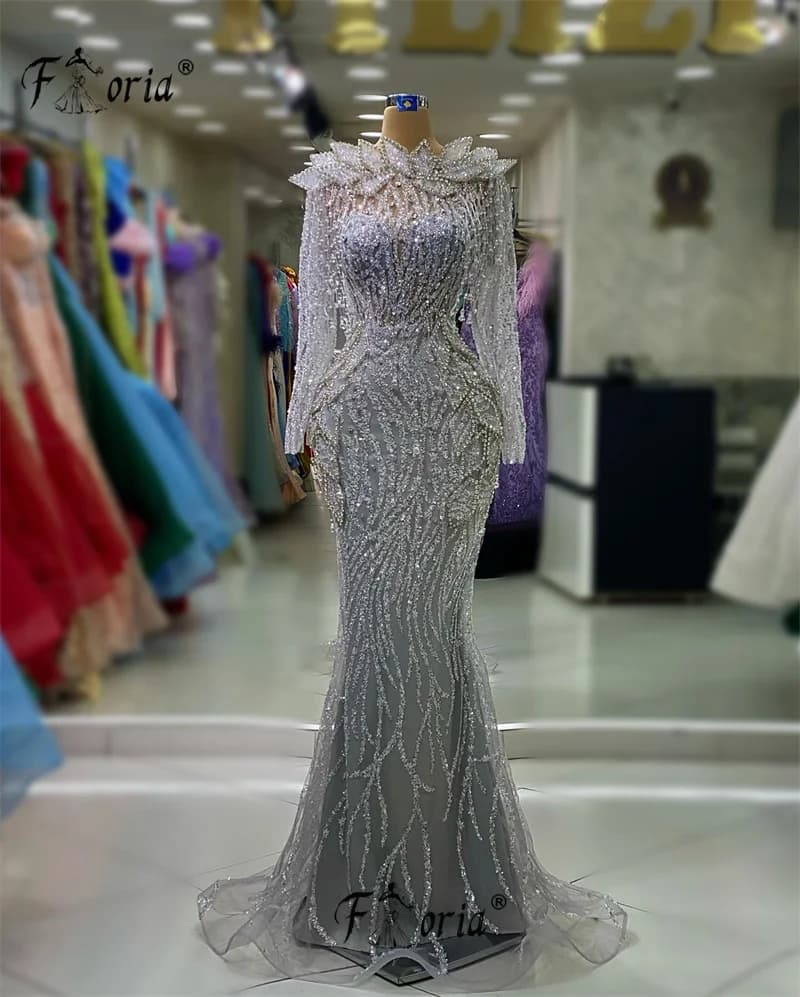 2024 Couture New Designer Full Beads Crystal Evening Dresses Woman Long Sleeves Celebrity Dresses Dubai Wedding Party Gowns