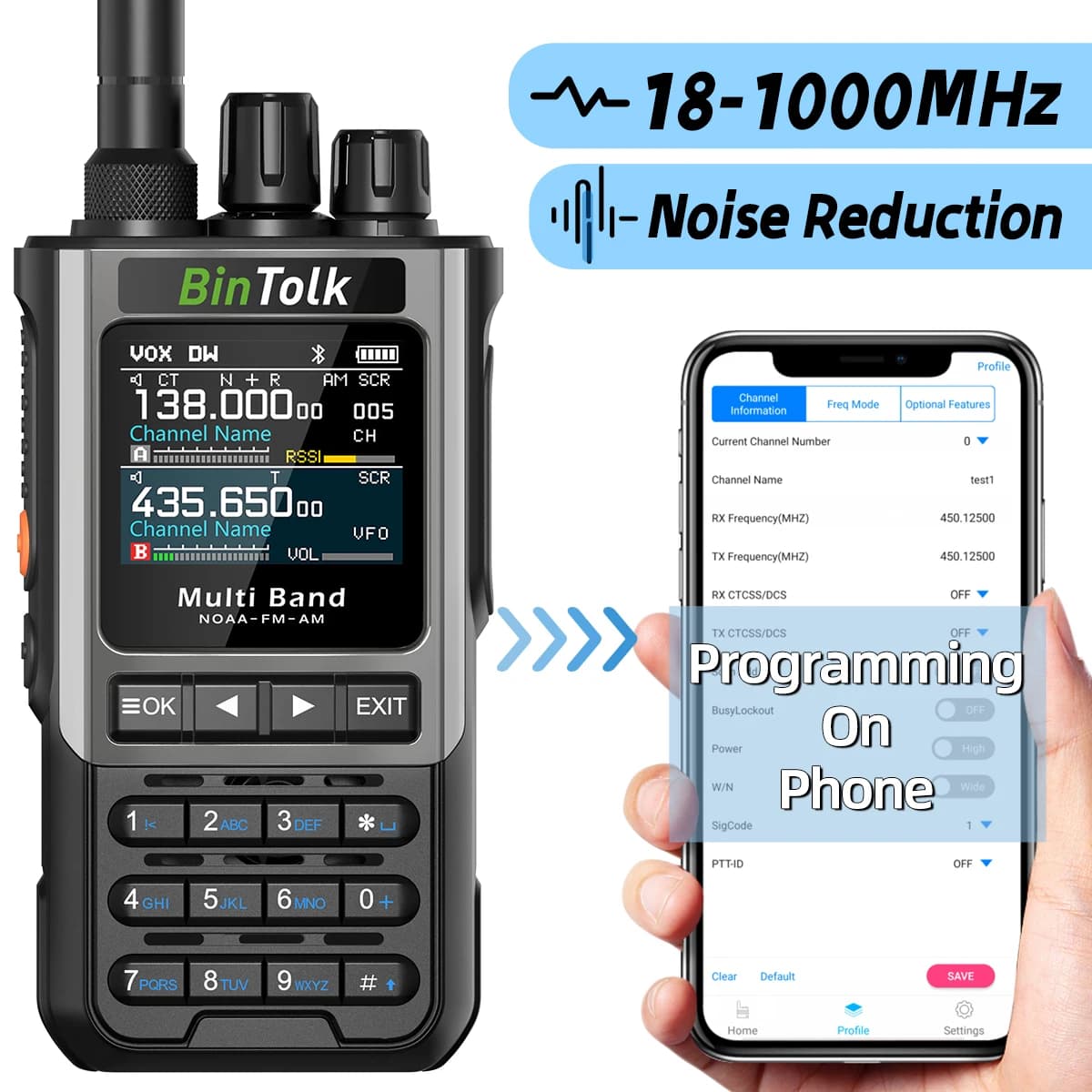 BinTolk BT8200 Walkie Talkie Long Range 10W Full band FM AM CB Wireless Bluetooth Phone Programming Type-C Charger Ham Radio