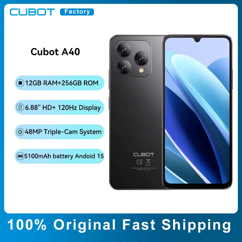 Cubot A40 Android 15 Smartphone 12GB (4GB+8GB)RAM+256GB ROM 6.88"120Hz Display Octa-core 48MP Camera 5100mAh Battery NFC Face ID