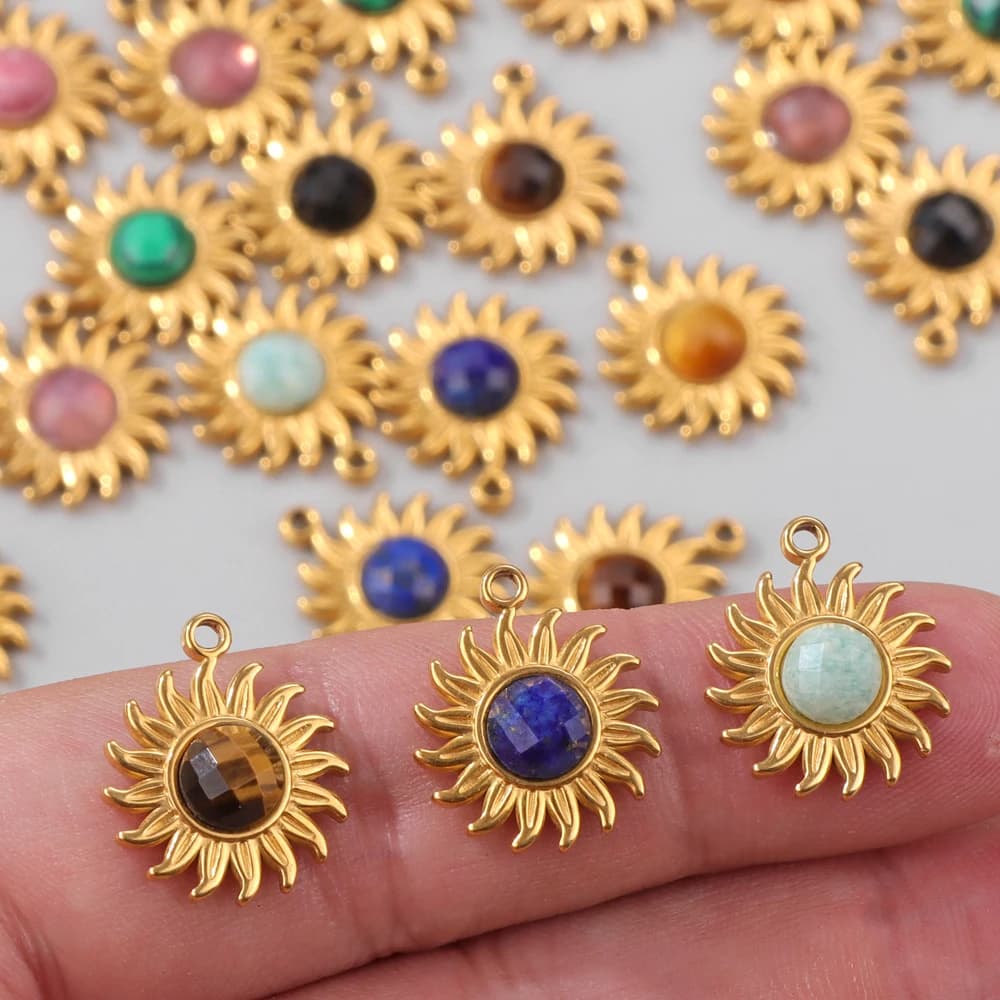 5pcs Sun Stainless Steel Pendant Natural Aamzonite Tiger Eye Agat Stone Charm For Jewely Making DIY Necklace Earrings Bracelet