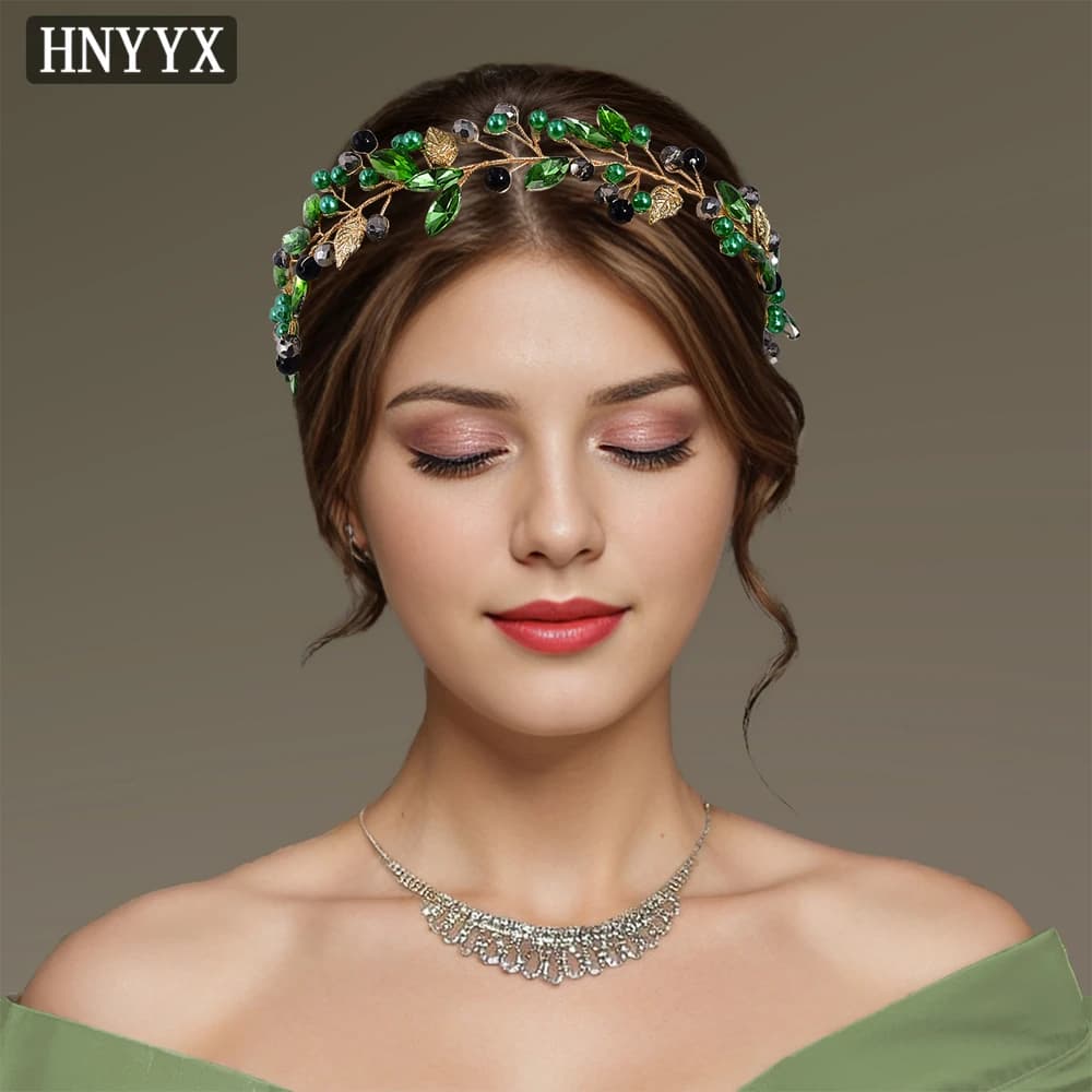 HNYYX Green Rhinestone Hair Accessories For Brides Wedding Headband Alloy Leaf Headpiece Elegant Hairband For Women A233