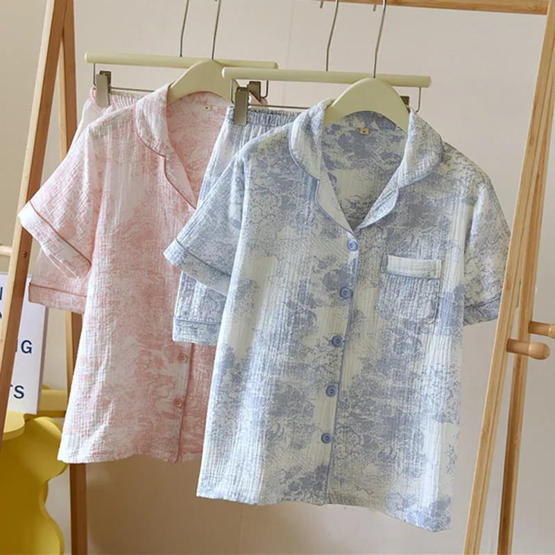 100% Cotton Pajamas For Women Vintage Printed Short Sleeve Shorts Home Suit Lapel Shirt Pant Sets Casual Sleepwear Clothes
