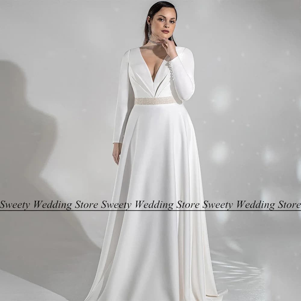 Plus Size Wedding Dress Marriage Bridal Gown Customized Long Sleeves V Neck Pleat Sweep Train A Line Bride Vestidos De Novia