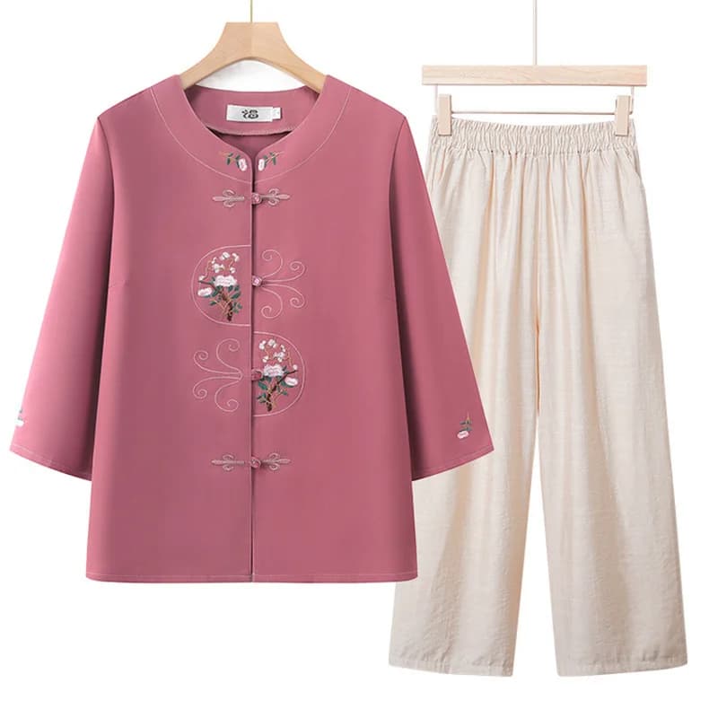 Spring Autumn Sets For Women 2 Pieces Sleepwear Pajamas Vintage Grandma Home Clothing Outside Wear Middle Aged Mother Night Suit