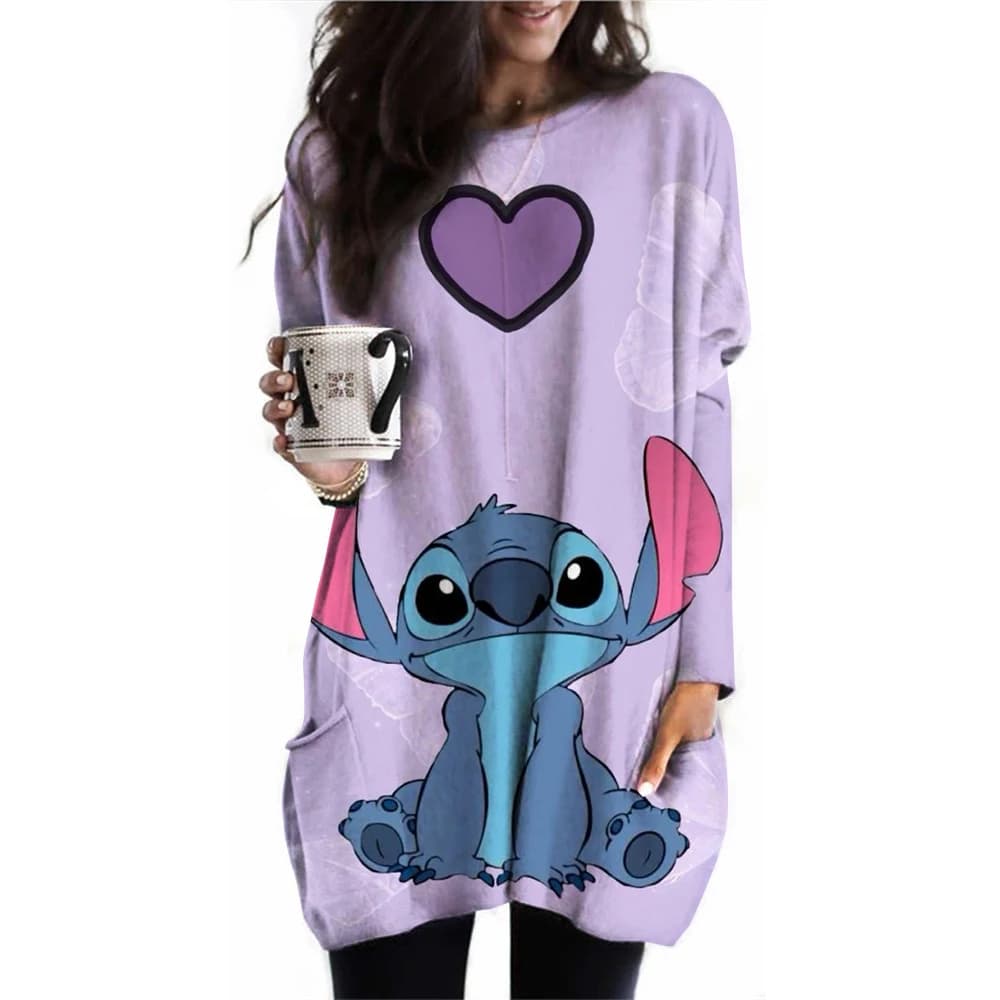 Autumn Winter Oversized Round Neck LooseDisney's Lilo & Stitch Casual Pocket T-shirt Ladies Long Sleeve All-match Pullover Top W