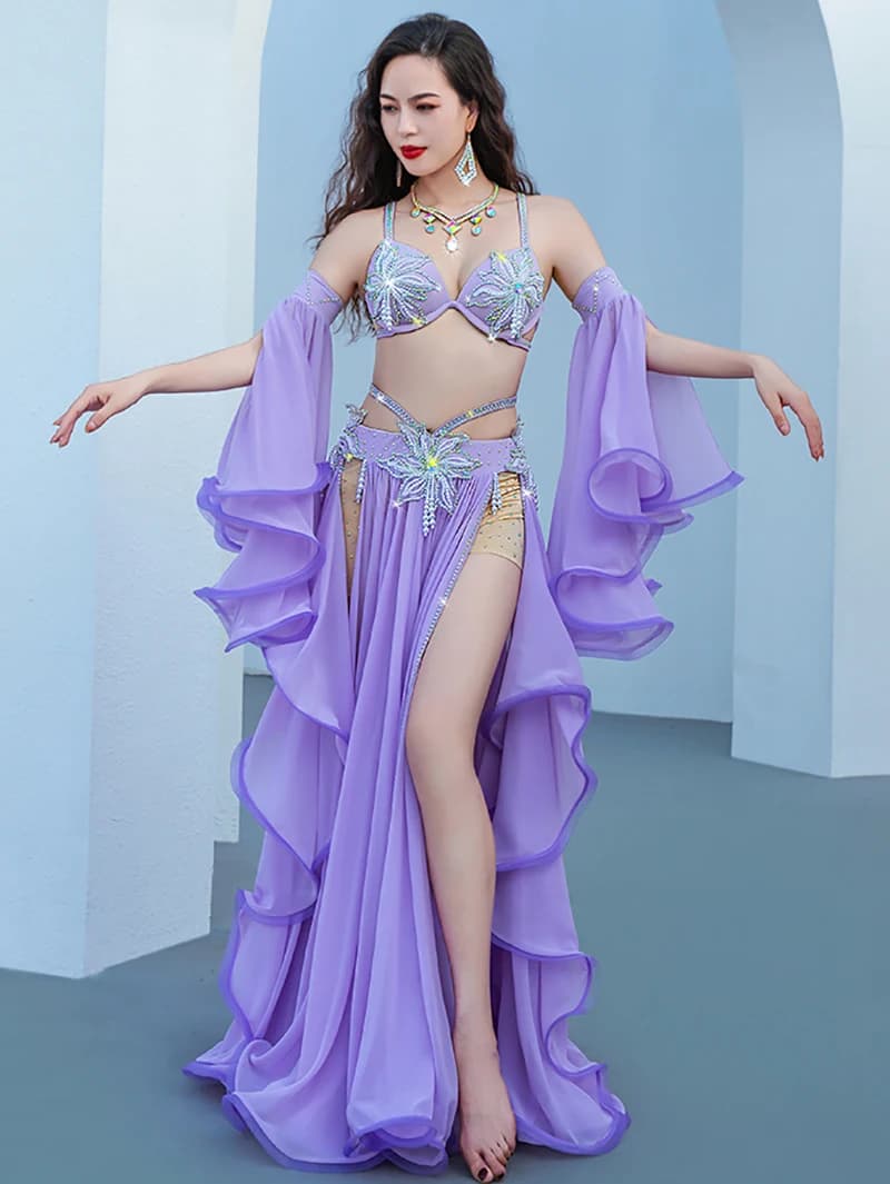 Belly Dance Training Clothes Women Diamond Bra Mesh Long Skirt Princess Fan Popsong Opening Dance Performance Attire Dancewear