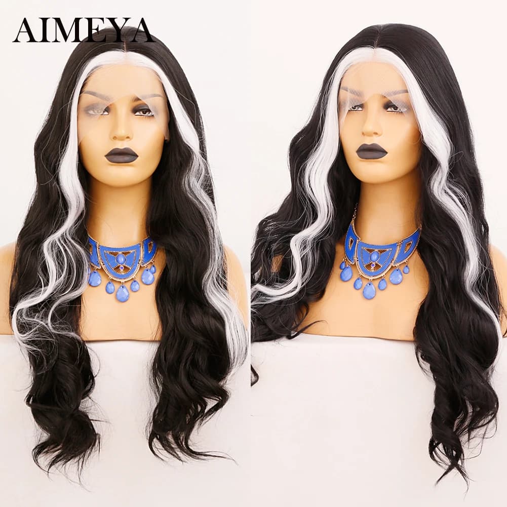 AIMEYA Long Straight Synthetic Lace Front Wig Highlight Black/White Transparent Pre Plucked Heat Resistant Fiber Wig for Women