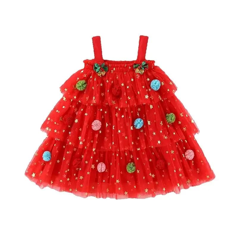 1-9Years Twim Girls New Year Greeting Christmas Dress Sling Star Printed Mesh Vestidos Love Pattern Cute Cake Dress