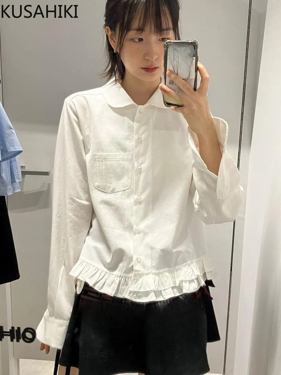 KUSAHIKI 2024 Autumn New Irregular Versatile Ruffle Patchwork White Shirt Fashion Korean Girls Blouse Top Vetement Femme
