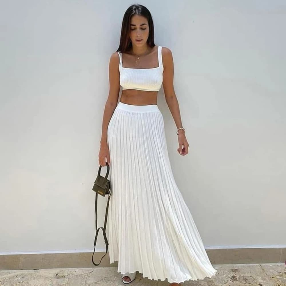 Elegant Knitted Skirt Set Women Crop Top and Maxi Skirt Outfits Summer Casual Solid Bohemia Holiday Beach Two Piece Set 2024