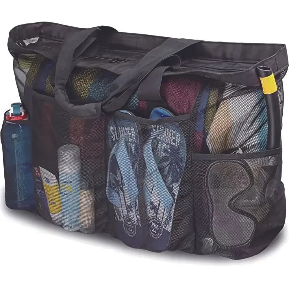 An oversized mesh beach bag, breathable mesh handbag, with zippers and side pockets, portable organizing and storage bag