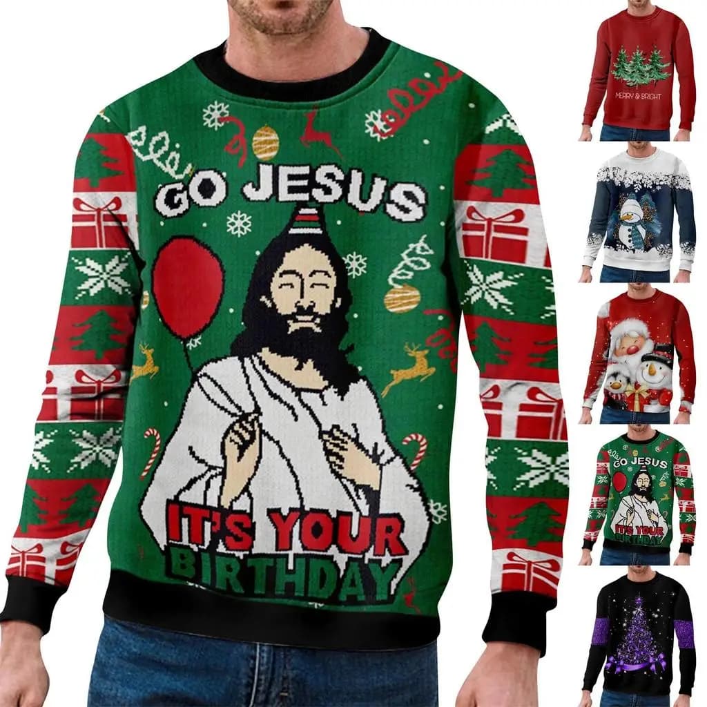 2024 Jesus Christmas Pattern Men's Street Long Sleeve T-shirt Spring and Autumn 3D Printing Fashion Loose Men's Casual Tops