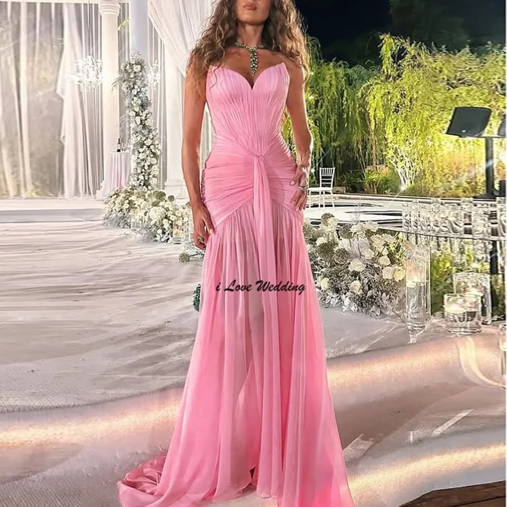 Off Shoulder Chiffon Pleated Sexy Mermaid Backless Evening Dress Floor Length Front Slit Party Gown with Sweep Court Customized