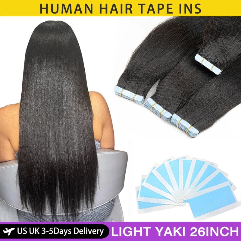 MRS HAIR Light Yaki Tape In Hair Extensions Human Hair Cuticle Remy Tape in Extensions SilkPressed Yaki Tape ins 12-26inch 20pcs