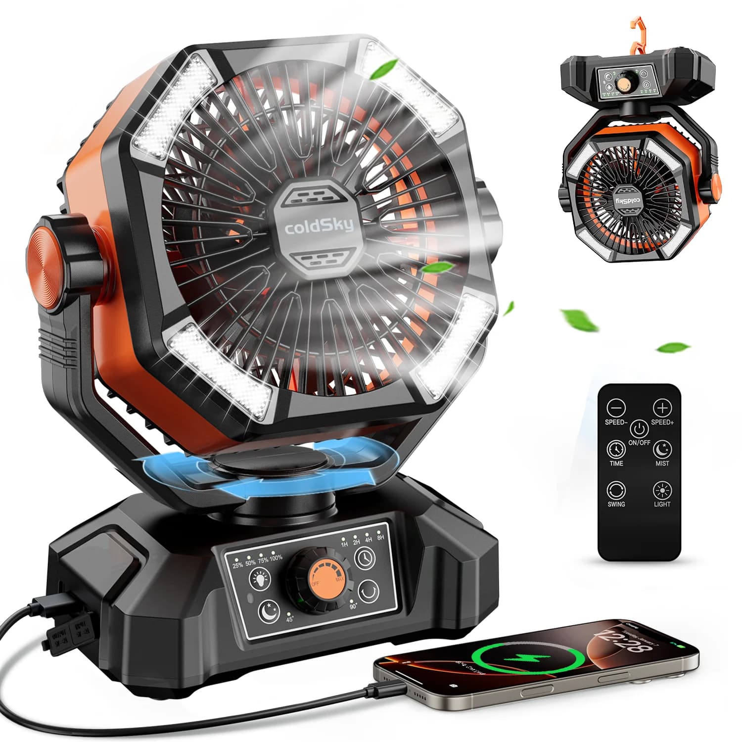 coldSky 20000mAh Battery Camping Fan with 4 LED Lantern 8 Speeds Desk Fan Portable Outdoor Fan for Tent Power Outages Jobsite