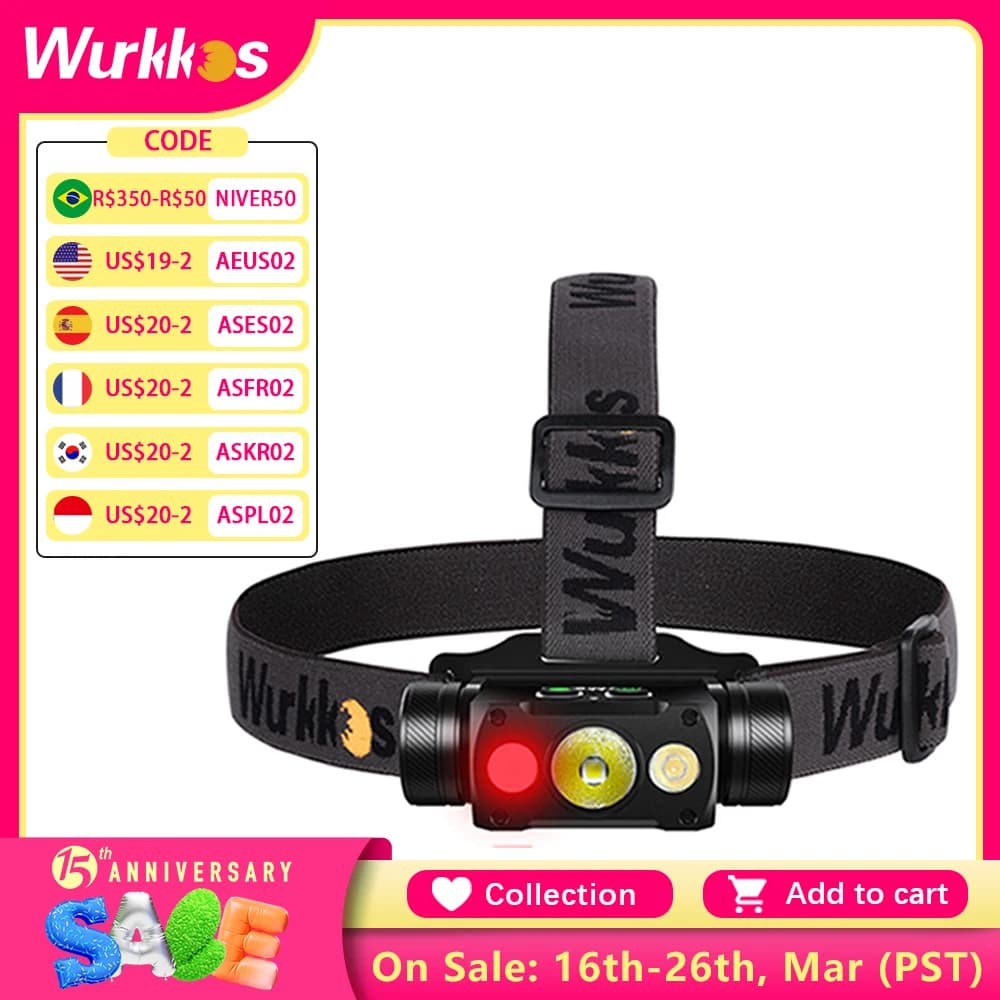 Wurkkos HD50 Headlamp 2A Rechargeable 21700 Headlight 4000lm XHP50.3 HI+LH351D+660nm Red Light Toollamp Magnetic Tail Camp Light