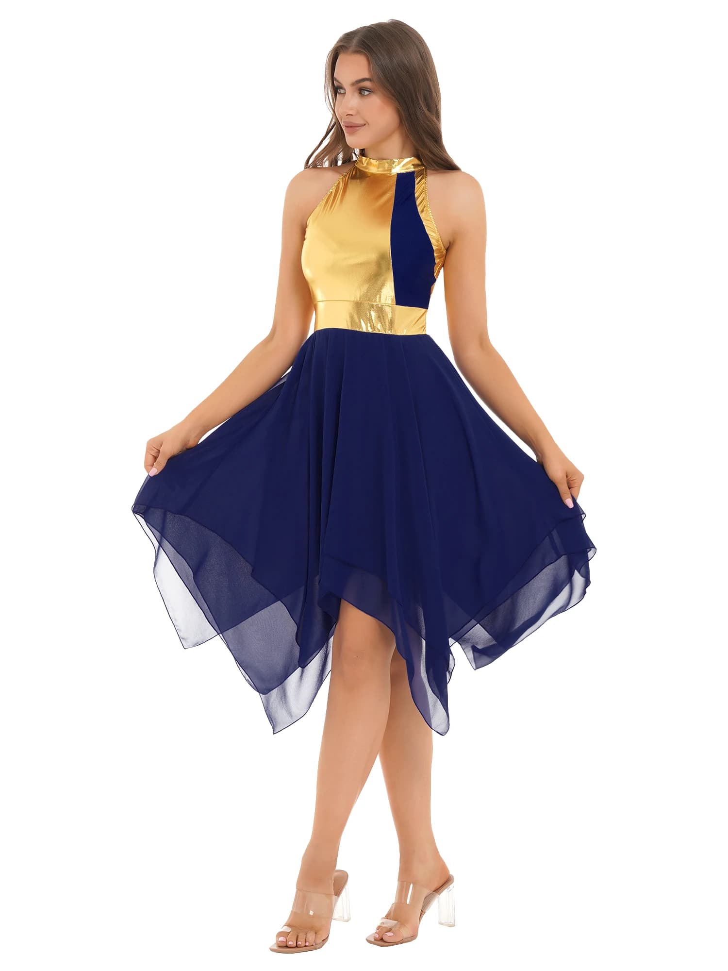 Womens Lyrical Dance Costume Sleeveless Color Block Chiffon Ruffled Modern Contemporary Dancewear for Prom Party Performance New