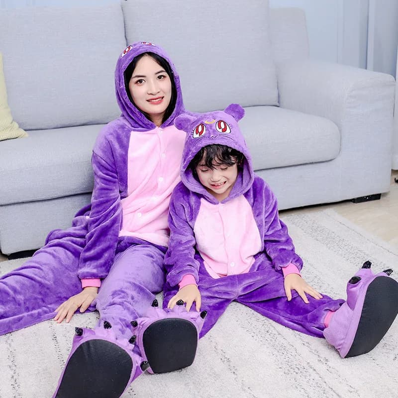 Purple Cat Sleepwear Flannel Anime Cartoon Halloween Cosplay Costumes Homewear Long Sleeve Nightgowns Kigurumi Adult Lingerie