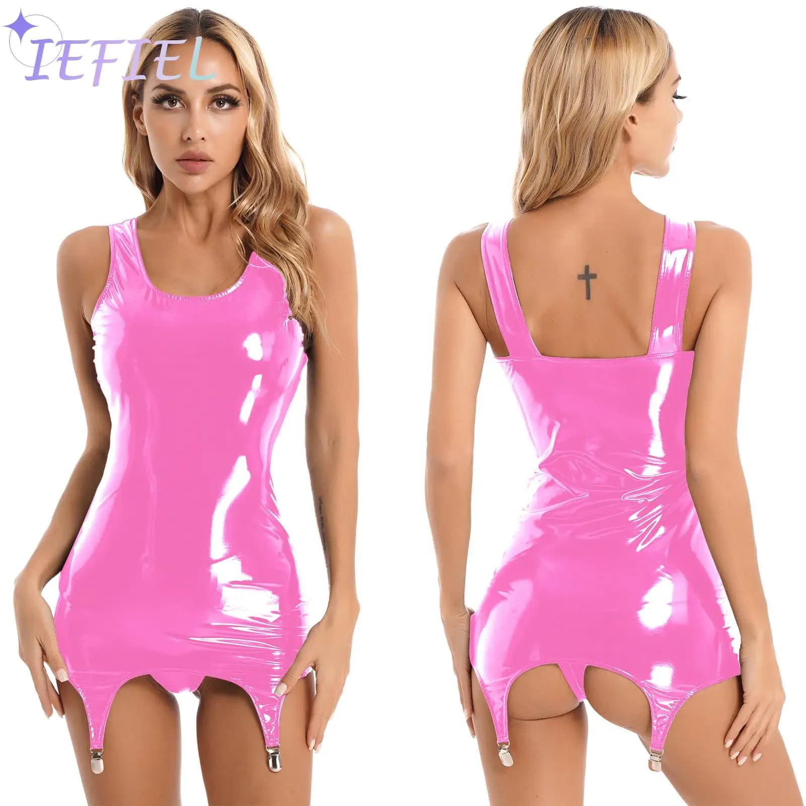 Women PVC Leather Pole Dancewear Wet Look Bodycon Pencil Package Hips Dress Tank Top Latex Short Miniskirt with Garter Belt