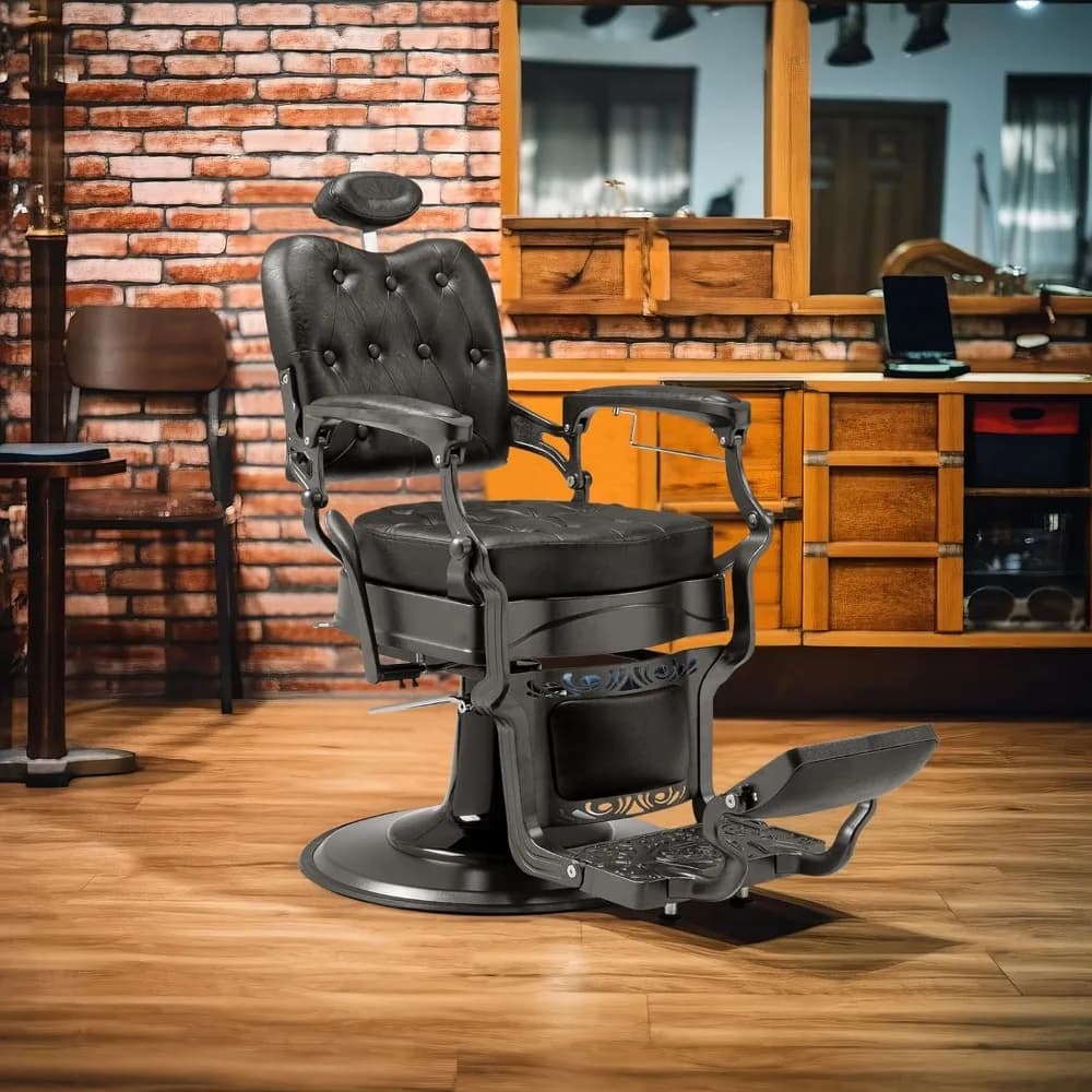 Heavy Duty Vintage Recline Barber Chair Hydraulic with Headrest, Supports up to 700lbs & 360°Rotatable, Professional Salon