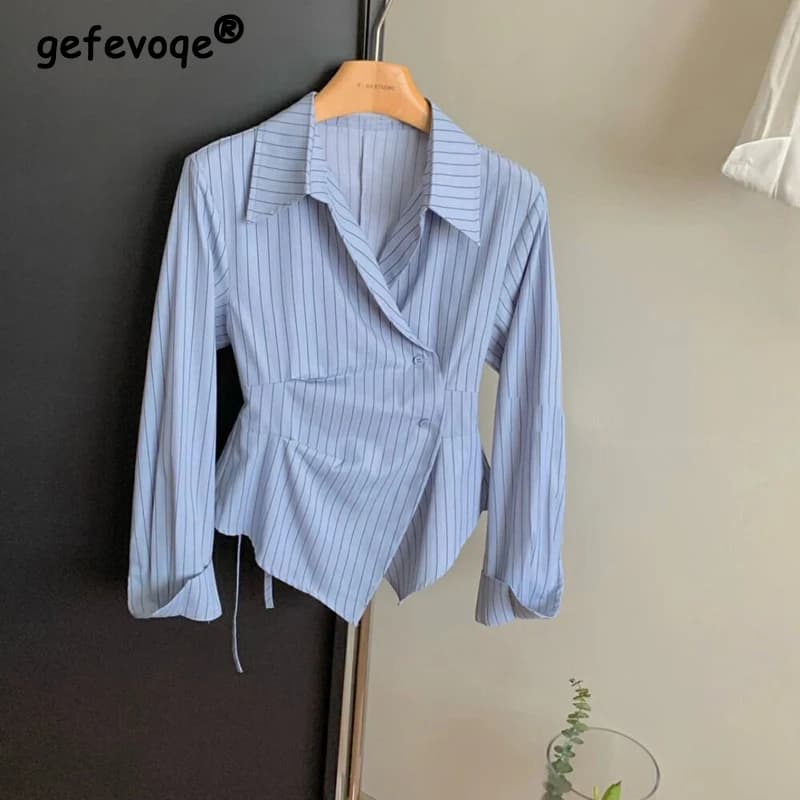 Women Fashion Retro Striped Print Ruched Irregular Design Shirts Office Lady Elegant Lace Up Blouse Casual Long Sleeve Slim Tops