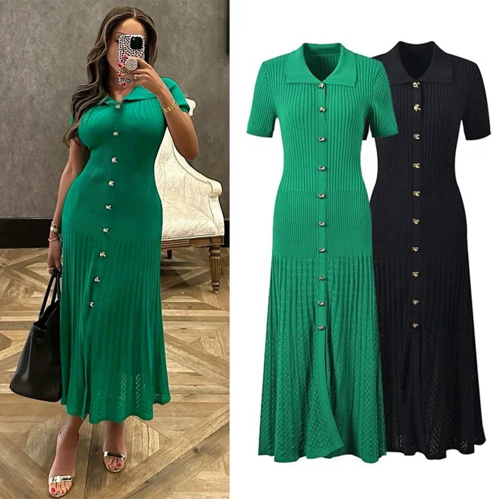 YuooMuoo Brand Fashion Vintage Turn-down Collar Knit Maxi Dress Elegant Single-breasted A-line Long Shirt Dress Lady Vestidos