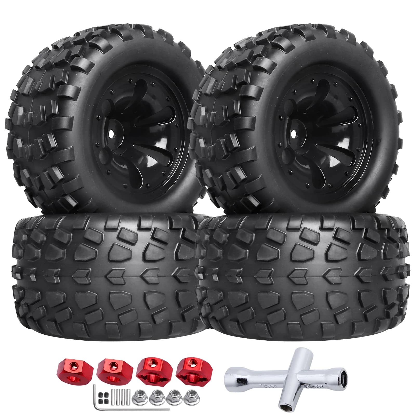 HobbyPark 1/10 RC Monster Truck Tires Wheels Pre-Glued w/ Aluminum 12mm Wheel Hex Nuts Fit 1/10 Arrma Granite Big Rock Vorteks