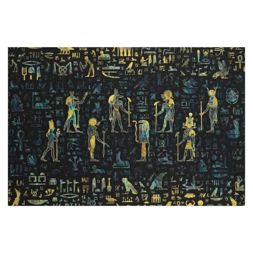 Egyptian Gods and hieroglyphs - Abalone and Gold Jigsaw Puzzle Custom Child Baby Wooden Puzzle