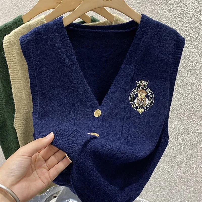 New Embroidered Bear Knitted Loose Single-breasted Embroidered Vest Women's Spring Snd Autumn New V-neck Vest Overlapping Vest