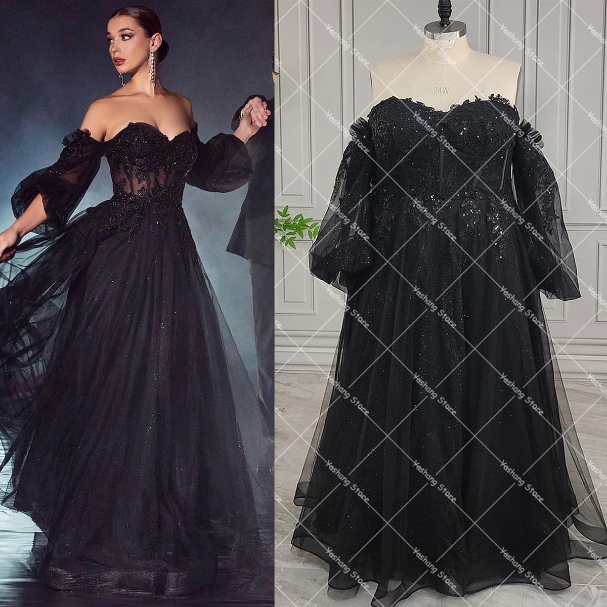 Customized Off the Shoulder Long Blouson Sleeves Glitter Tulle Wedding Dress Strapless Sweetheart Lace Sheer Bodice Bridal Gown