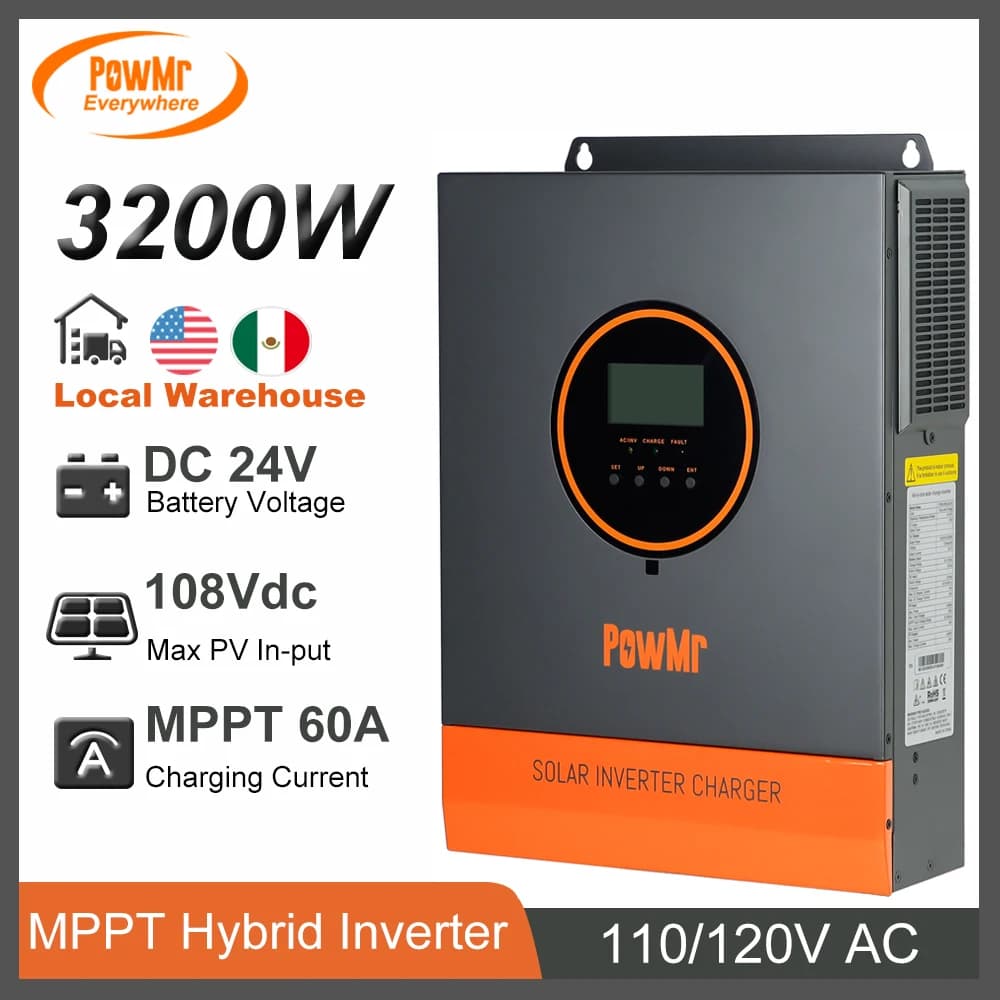 3.2KW Hybrid Inverter 24V DC to 110/120V AC With 60A MPPT Solar Charge Controller Max PV 108V Fit for Lifepo4 Off Grid Inverter