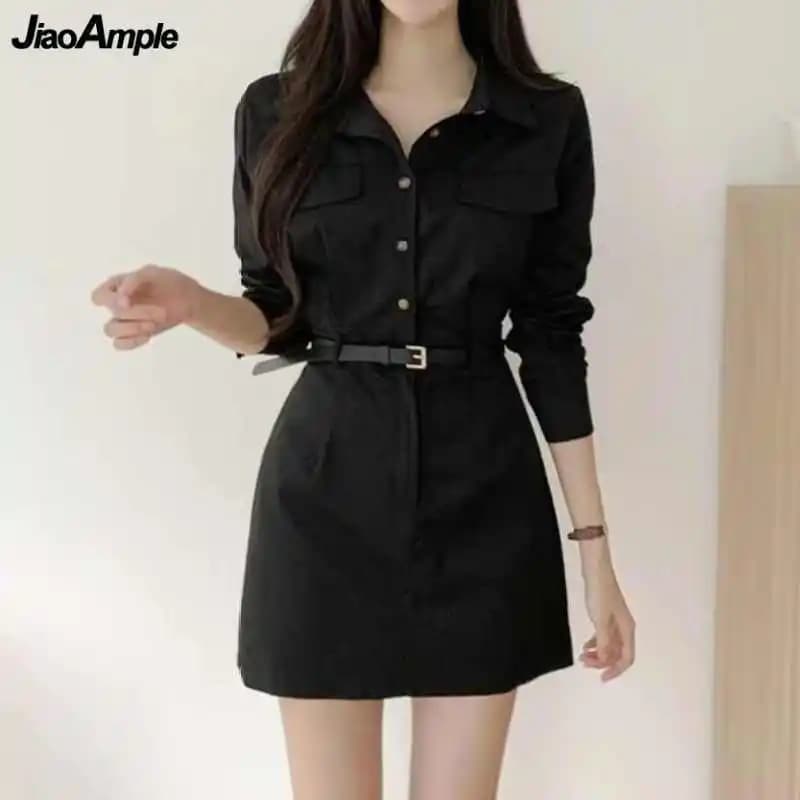 Women's Safari Style Mini Polo Dress 2024 Spring Autumn Lady Graceful Pure Color Slim Dresses with Waistbelt Black Clothing