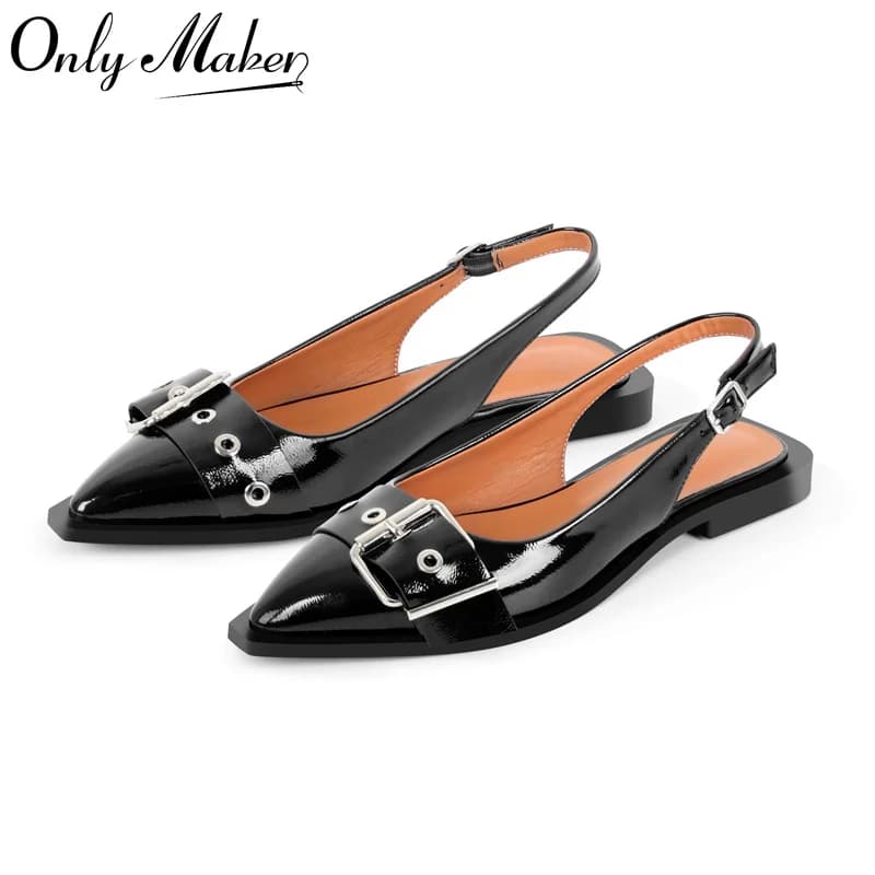 Onlymaker Women Black Pointed Toe Buckle Slingback Buckle Flats Comfortable Mary Jane Plus Size Fashion  Shoes